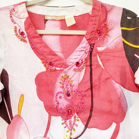 La Cera Floral Tunic Top 3/4 Sleeve Size Medium - Picture 2 of 9